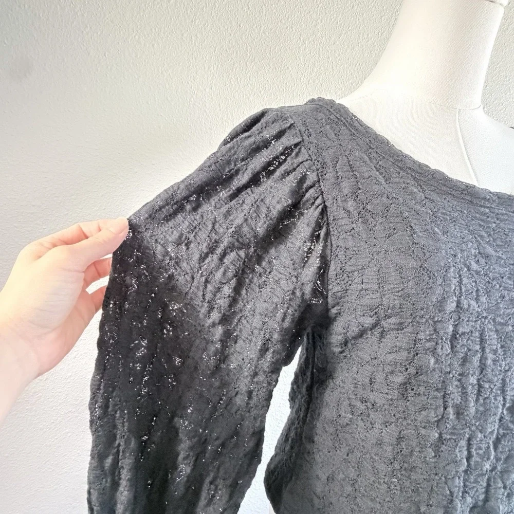 Free People Black Textured Puff Sleeve Open Back Top XL Boho Crinkle Blouse